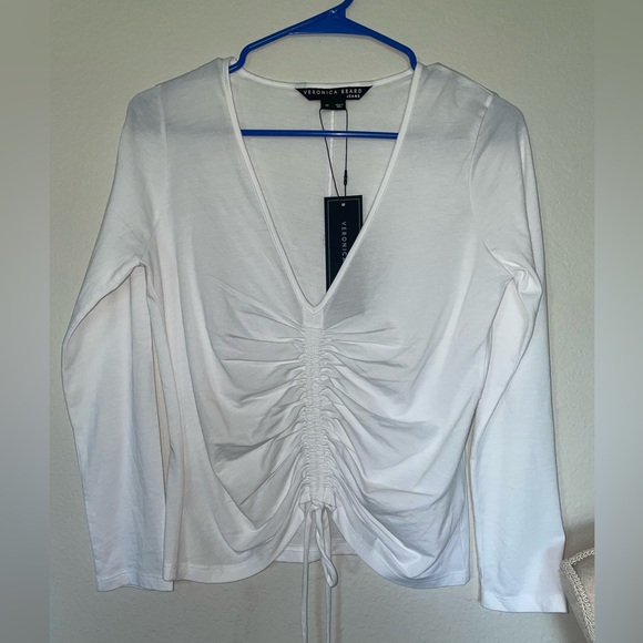 VERONICA BEARD Kerr White Ruched Drawstring T-Shirt long sleeve NWT - Picture 3 of 8